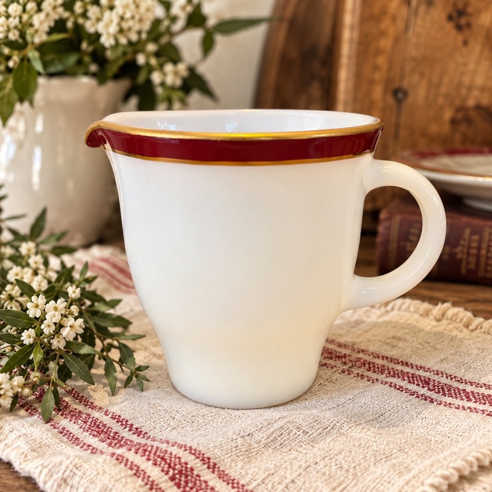 Vintage Pyrex Creamer Burgundy Red Gold Trim Milk Glass MCM USA